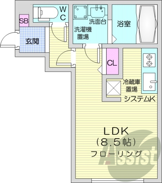 1R、エアコン、システムキッチン、浴室乾燥機、灯油暖房