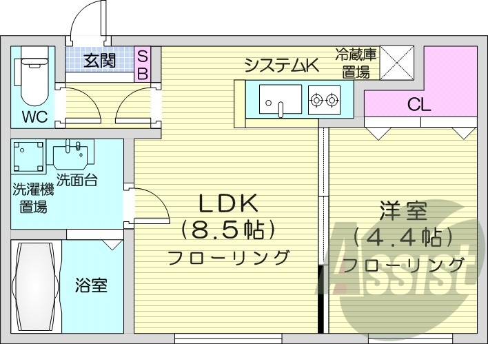 1LDK、エアコン、システムキッチン、灯油暖房、浴室乾燥機