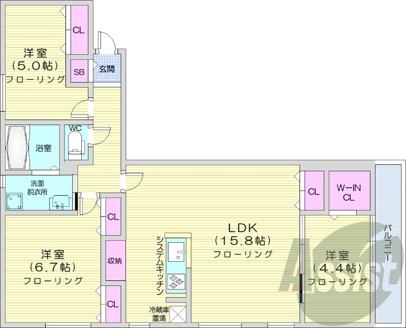 2LDK、都市ガス、エアコン、浴室乾燥機、システムキッチン