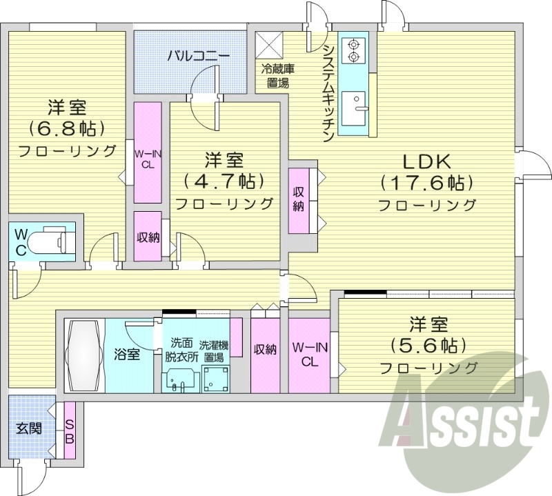 3LDK、追い焚き、浴室乾燥機、都市ガス、システムキッチン