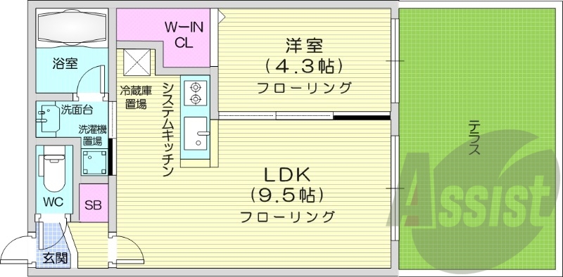 1LDK、システムキッチン、エアコン、独立洗面台