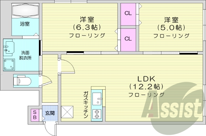 2LDK、エアコン、オートロック、エレベーター