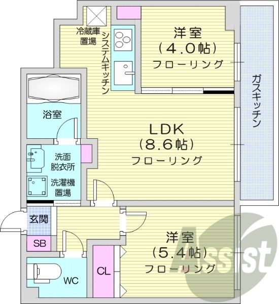 2DK、システムキッチン、エアコン、都市ガス