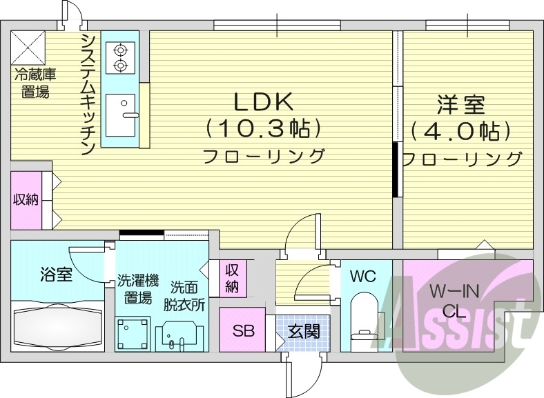 1LDK、都市ガス、エアコン、システムキッチン、独立洗面台