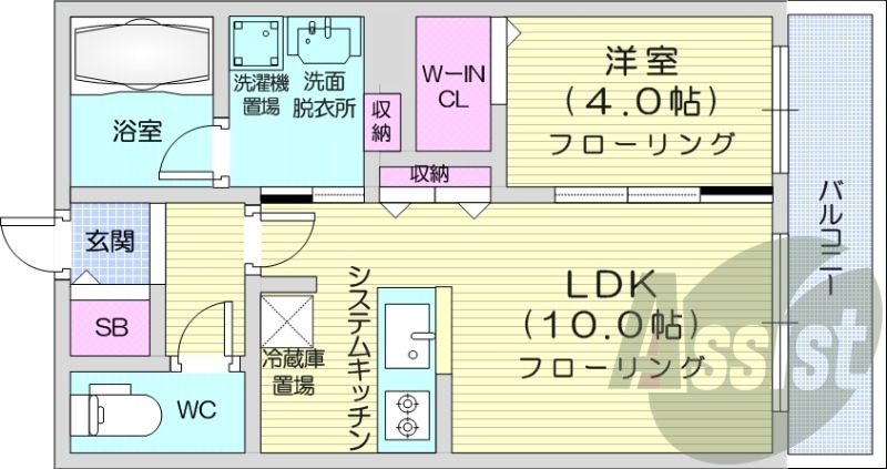 1LDK、都市ガス、エアコン、システムキッチン、独立洗面台