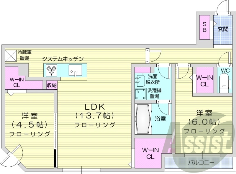 2LDK、都市ガス、追い焚き、浴室乾燥機、システムキッチン