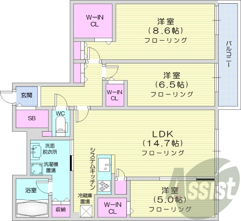 3LDK、都市ガス、エアコン、追い焚き、浴室乾燥機、