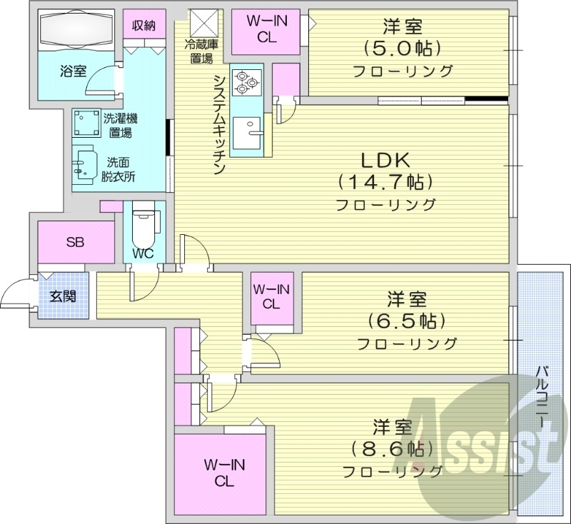 3LDK、都市ガス、エアコン、追い焚き、浴室乾燥機、