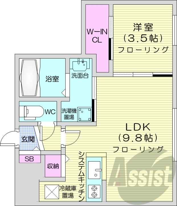 1LDK、都市ガス、エアコン、ウォークインクローゼット