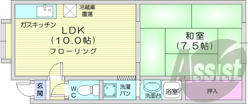 1LDK、灯油FF暖房、バストイレ別、収納