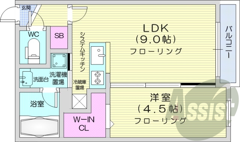 1LDK、エアコン、都市ガス、システムキッチン