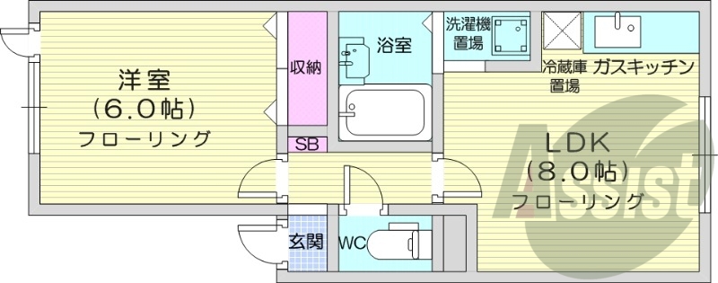 1LDK、シャワートイレ、灯油暖房、角部屋