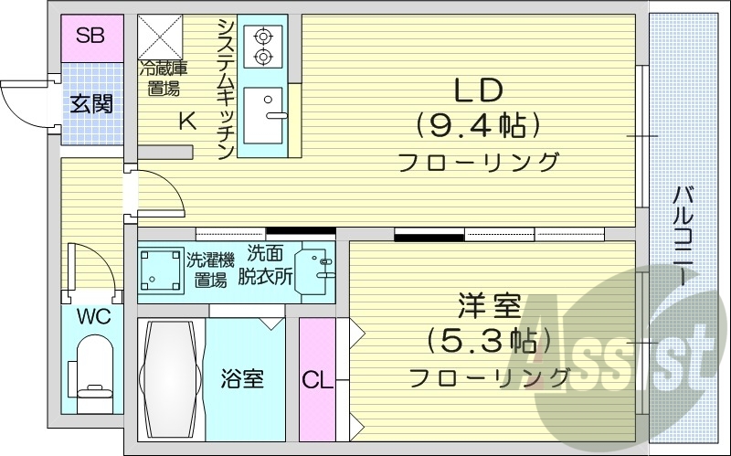 1LDK、エアコン、システムキッチン、独立洗面台