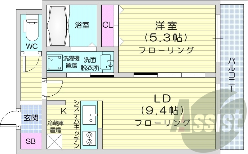 1LDK、エアコン、システムキッチン、独立洗面台