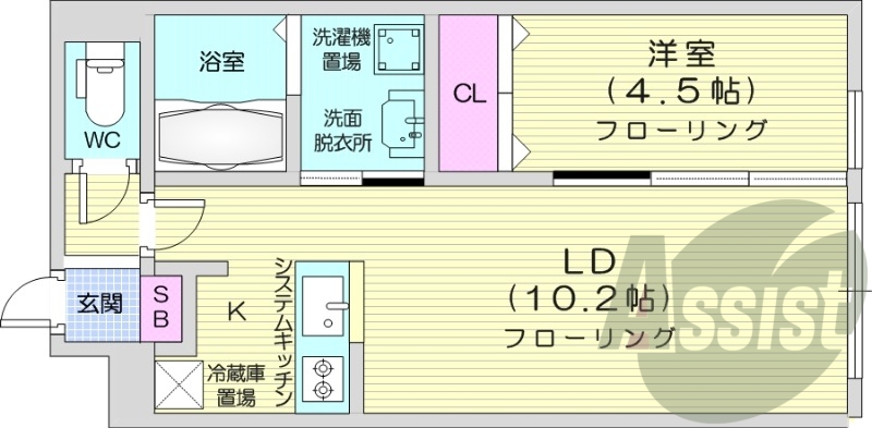 1LDK、エアコン、システムキッチン、独立洗面台
