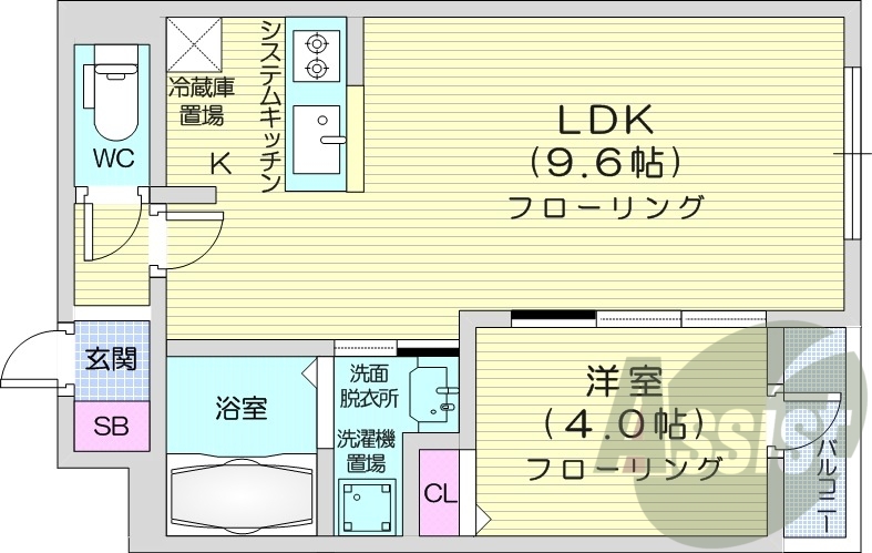 1LDK、エアコン、システムキッチン、独立洗面台