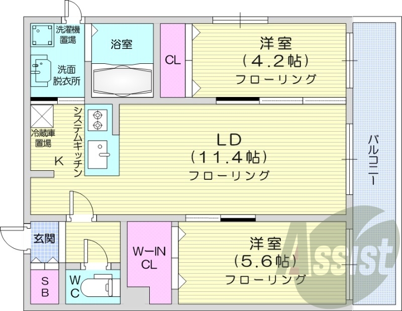 2LDK、エアコン、システムキッチン、独立洗面台