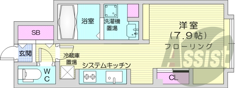 1R、システムキッチン、バストイレ別、オートロック、