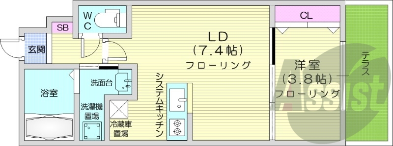1LDK、エアコン、システムキッチン、独立洗面台