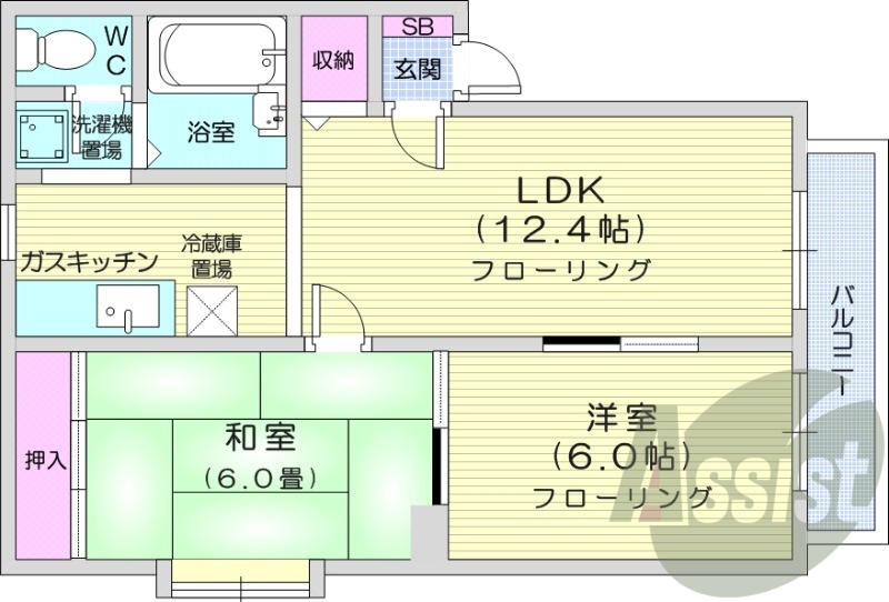 2LDK、都市ガス、バルコニー、浴室乾燥機