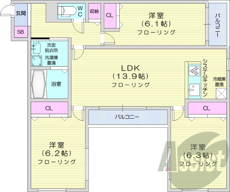 3LDK、都市ガス、エアコン、追い焚き、浴室乾燥機