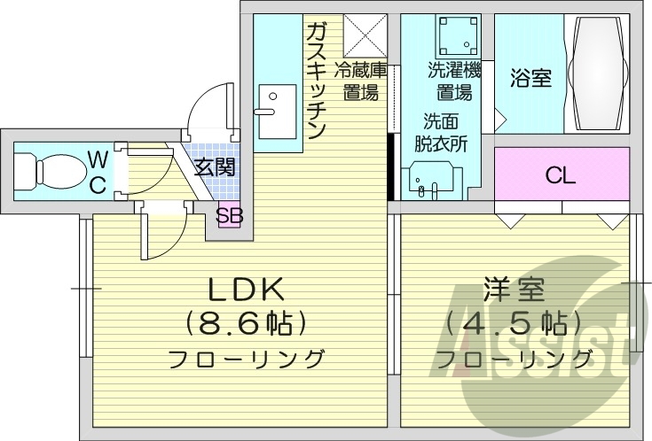 1LDK、灯油暖房、バストイレ別、室内洗濯機置場