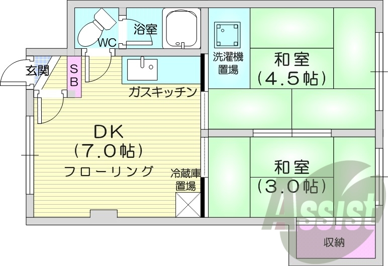 2DK、シューズボックス、収納、バストイレ別