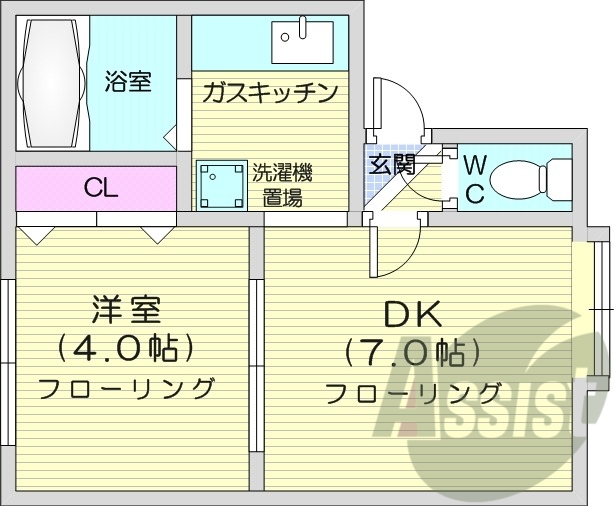 1DK、灯油暖房、バストイレ別、室内洗濯機置場