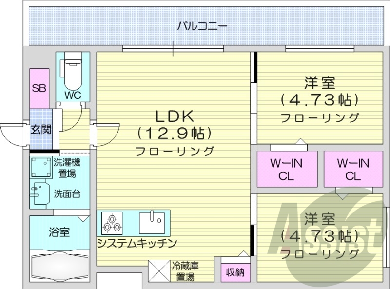 2LDK、エアコン、システムキッチン、追い焚き、独立洗面台