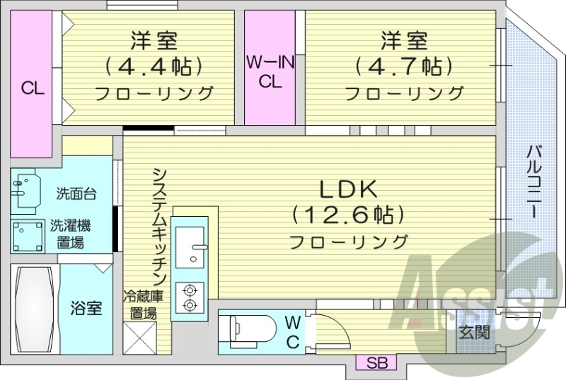 2LDK、エアコン、システムキッチン、追い焚き、独立洗面台