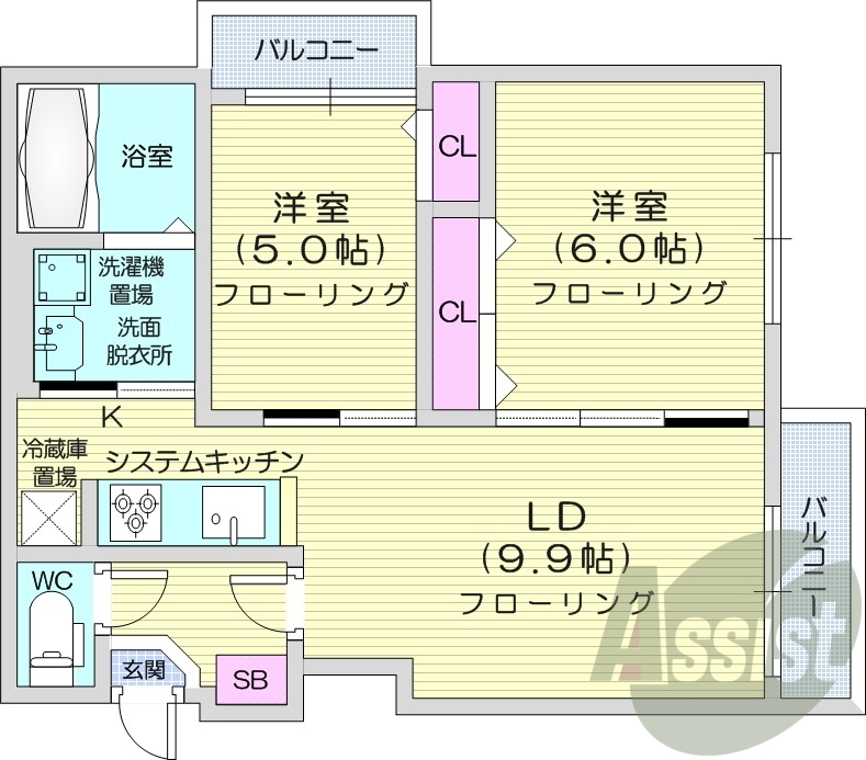 2LDK、オートロック、ネット無料、エアコン、ペット可