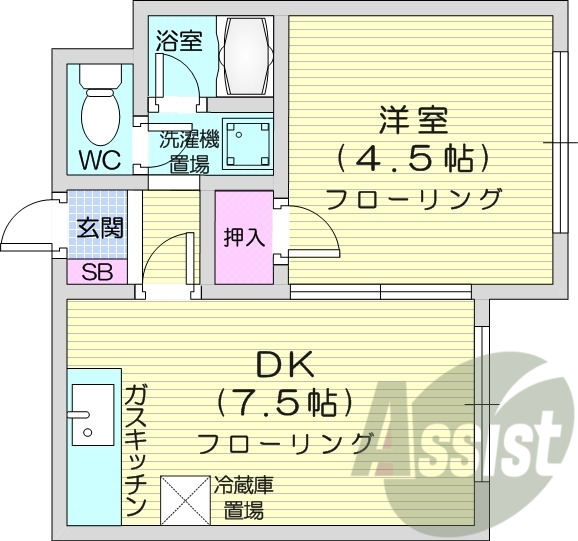 1DK、バストイレ別、最上階、クローゼット、給湯ガス