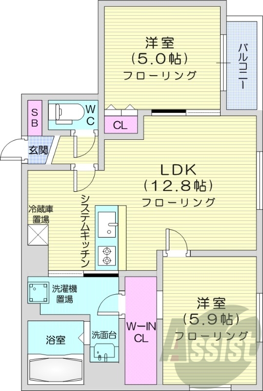 2LDK、エアコン、都市ガス、システムキッチン
