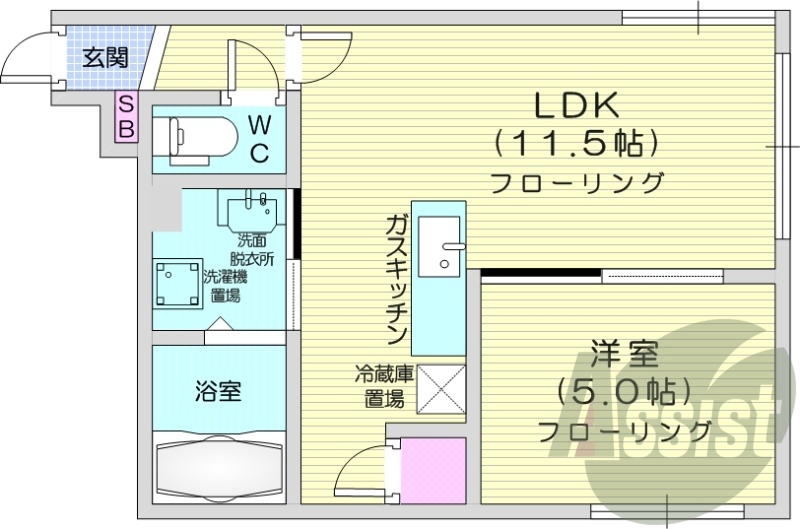 1LDK、都市ガス、追炊き、バストイレ別、