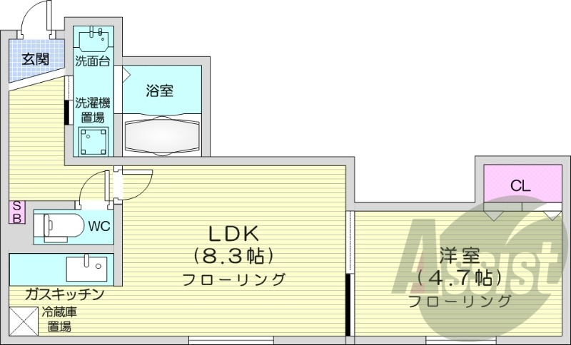 1LDK、灯油暖房、TVインターホン、バストイレ別