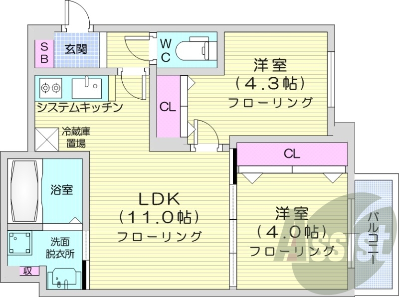2LDK、エアコン、浴室乾燥機、都市ガス、シャワートイレ