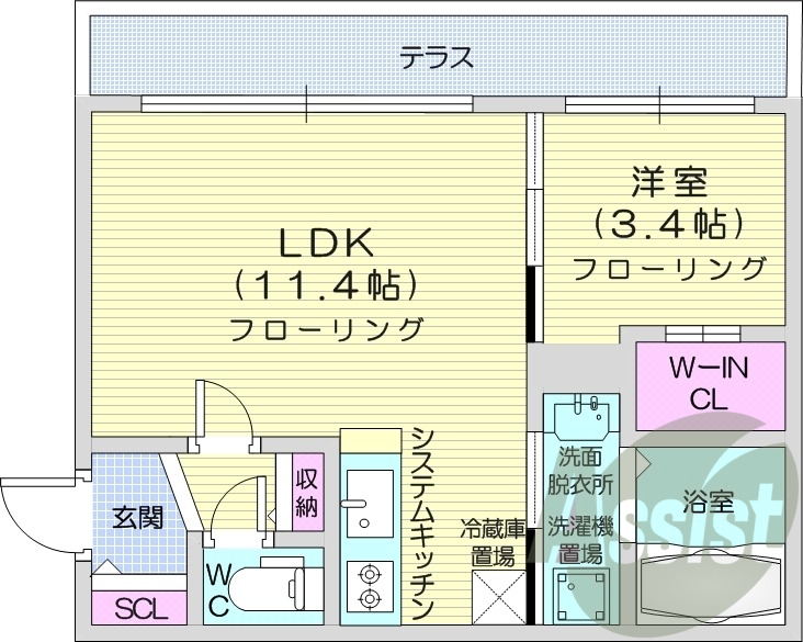 1LDK、システムキッチン、宅配ボックス、エアコン