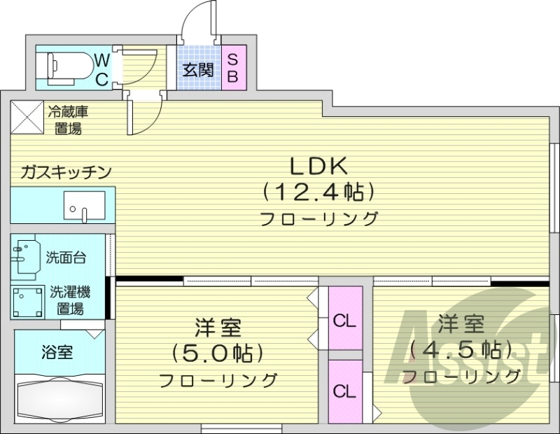 2LDK、都市ガス、追い焚き、ネット無料、エアコン