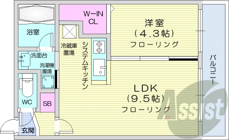 1LDK、システムキッチン、エアコン、独立洗面台