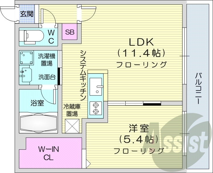 1LDK、エアコン、システムキッチン、独立洗面台