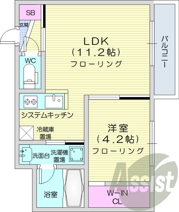 1LDK、エアコン、システムキッチン、独立洗面台