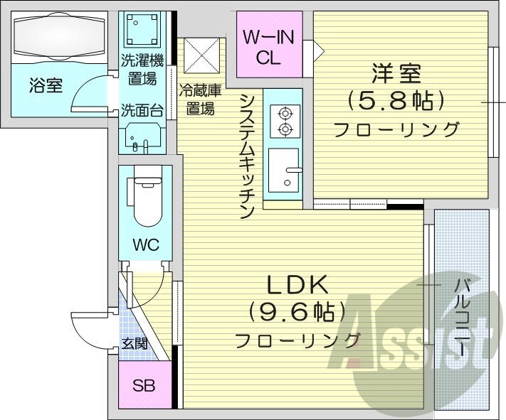 1LDK、エアコン、システムキッチン、独立洗面台
