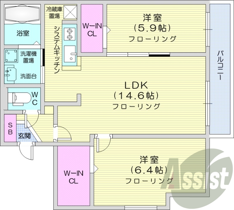 2LDK、エアコン、システムキッチン、独立洗面台