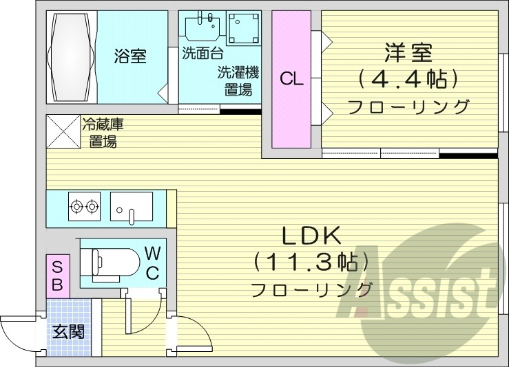 1LDK、エアコン、独立洗面台、システムキッチン