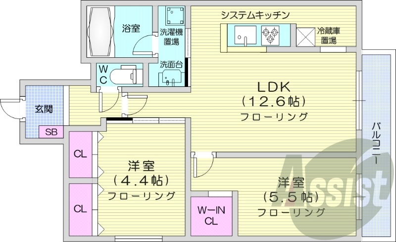 2LDK、エアコン、浴室乾燥機、システムキッチン