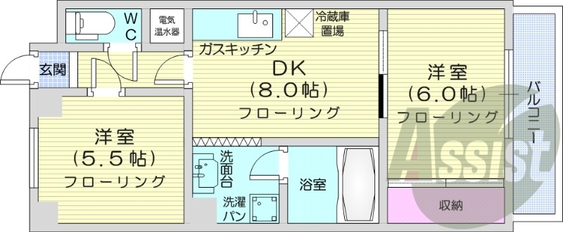 2LDK、都市ガス、システムキッチン、シャワートイレ