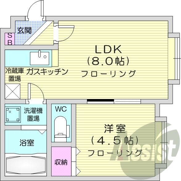 1LDK、シャワートイレ、シューズボックス