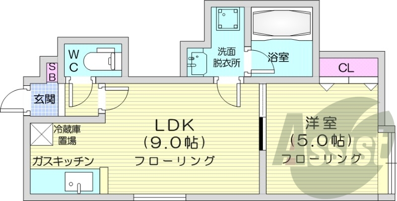1LDK、角部屋、最上階、洗髪洗面化粧台、バストイレ別