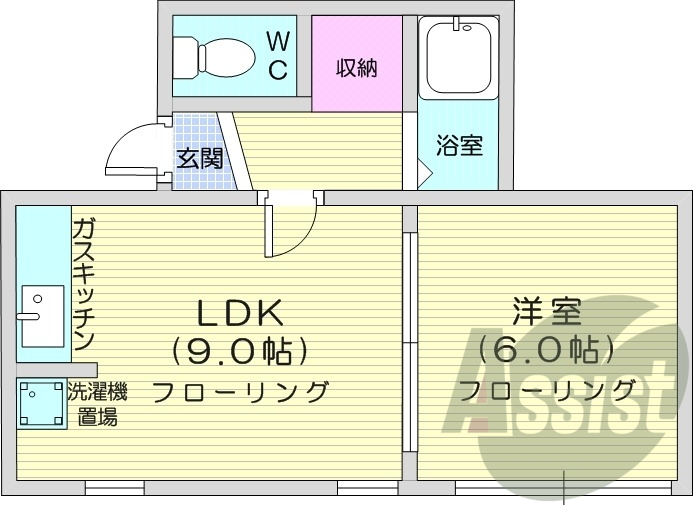 1LDK、バストイレ別、ガスキッチン、室内洗濯機置場
