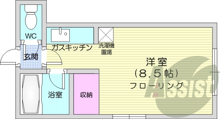 1K、シャワートイレ、ガス暖房、バス・トイレ別